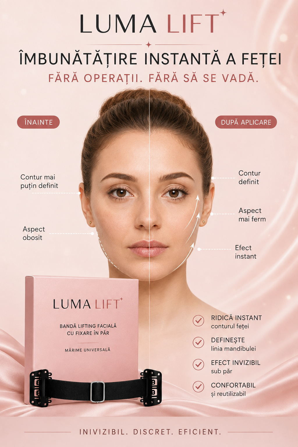 Luma Lift Invisible Contour Band — comparație vizuală a conturului feței cu și fără bandă