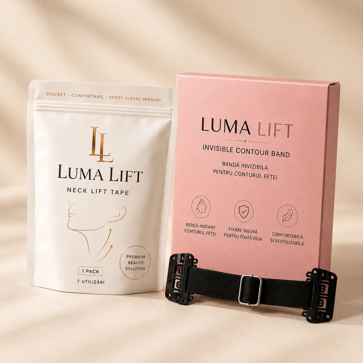 Luma Lift Duo — Neck Lift Tape și Invisible Contour Band împreună, pachetul Ritualul Complet